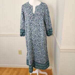 J Jill Dress Sz Small Womens Delicate Blooms Border Floral Midi Blue Cotton Boho